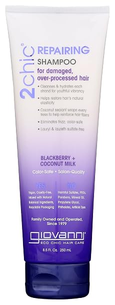 GIOVANNI 2chic Ultra-Repairing Shampoo - For Damaged, Over-Processed Hair, Helps Restore Hair's Natural Elasticity, Blackberry & Coconut Oil, Argan, Shea Butter, Color Safe - 8.5 oz