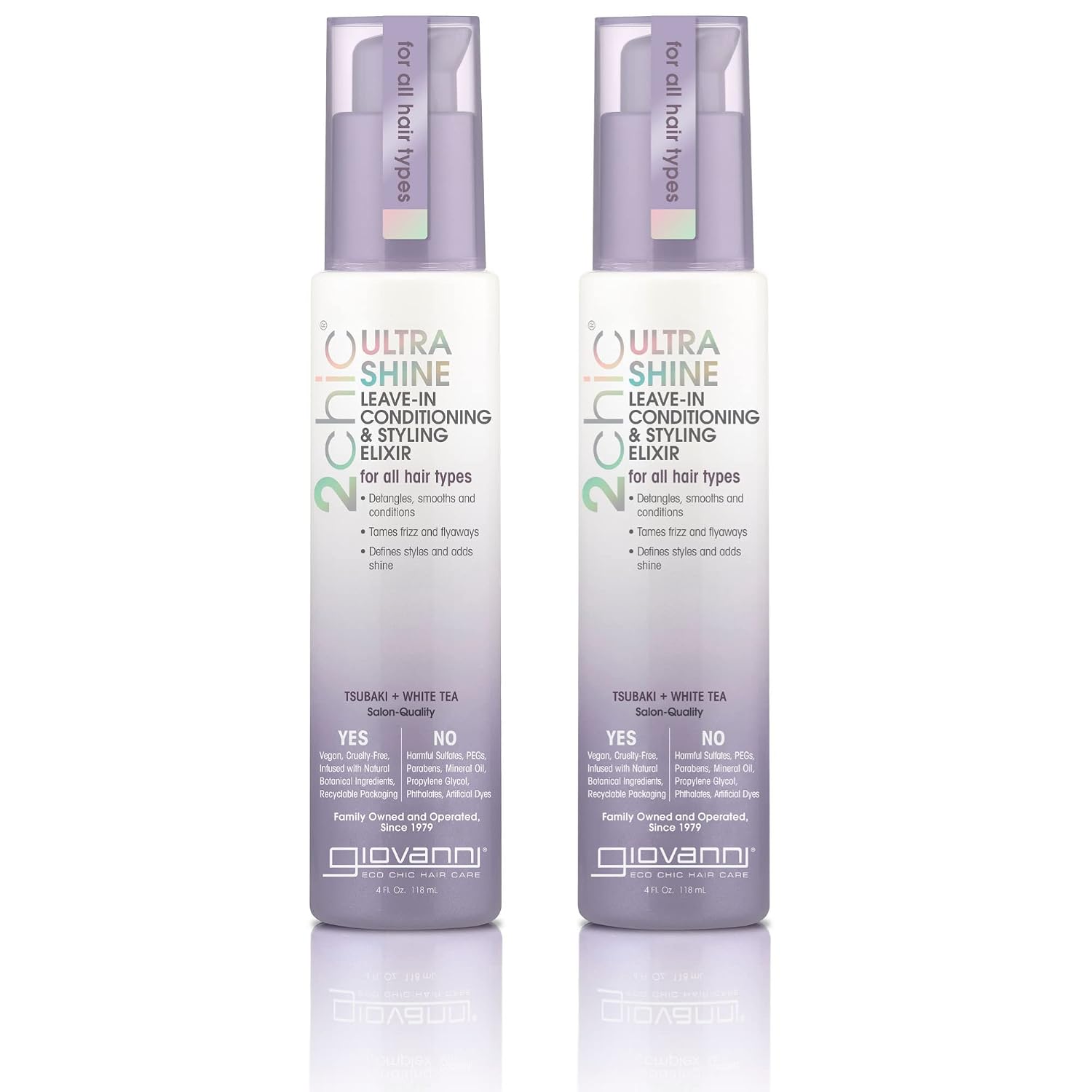 GIOVANNI 2chic Ultra Shine Leave-In Conditioning & Styling Elixir - Hair Serum for All Hair Types, Leave in Hair Treatment, Tsubaki Seed Oil & White Tea, Detangles, Smooths & Conditions - 4oz (1 Pack)
