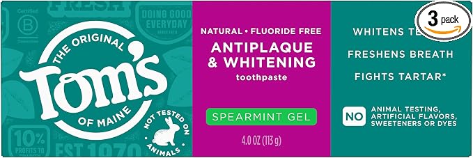 Tom's of Maine Antiplaque and Whitening Fluoride Free Natural Toothpaste Gel, Vegan, Spearmint, 4 Ounces (3 Pack)