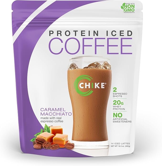 CHIKE Natural Caramel Macchiato High Protein Iced Coffee, 20 G Protein, 2 Shots Espresso, Non-GMO, Keto Friendly and Gluten Free, 14 Servings (16.3 Ounce)
