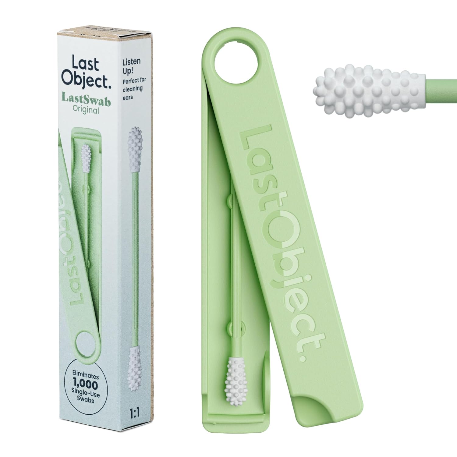 LastSwab® Reusable Cotton Swabs & Reusable Q-Tips - Washable Silicone Ear Swabs, Ear Cleaner & Wax Removal Tool - Eco-Friendly Zero Waste Single-Use Qtips Alternative - Travel Case Holder - Green