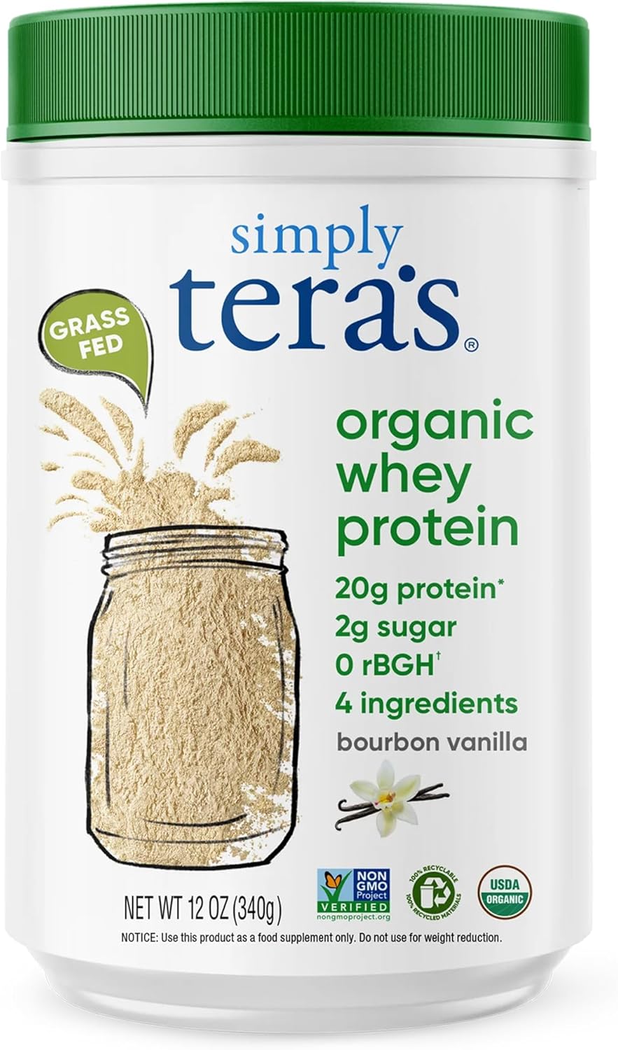 Simply tera's Organic Whey Protein Powder, Bourbon Vanilla, Organic - 12 Oz | Whey Protein Powder, Grass Fed Vanilla, Made Without Artificial Sweeteners, Non-GMO, Kosher, rBGH-Free
