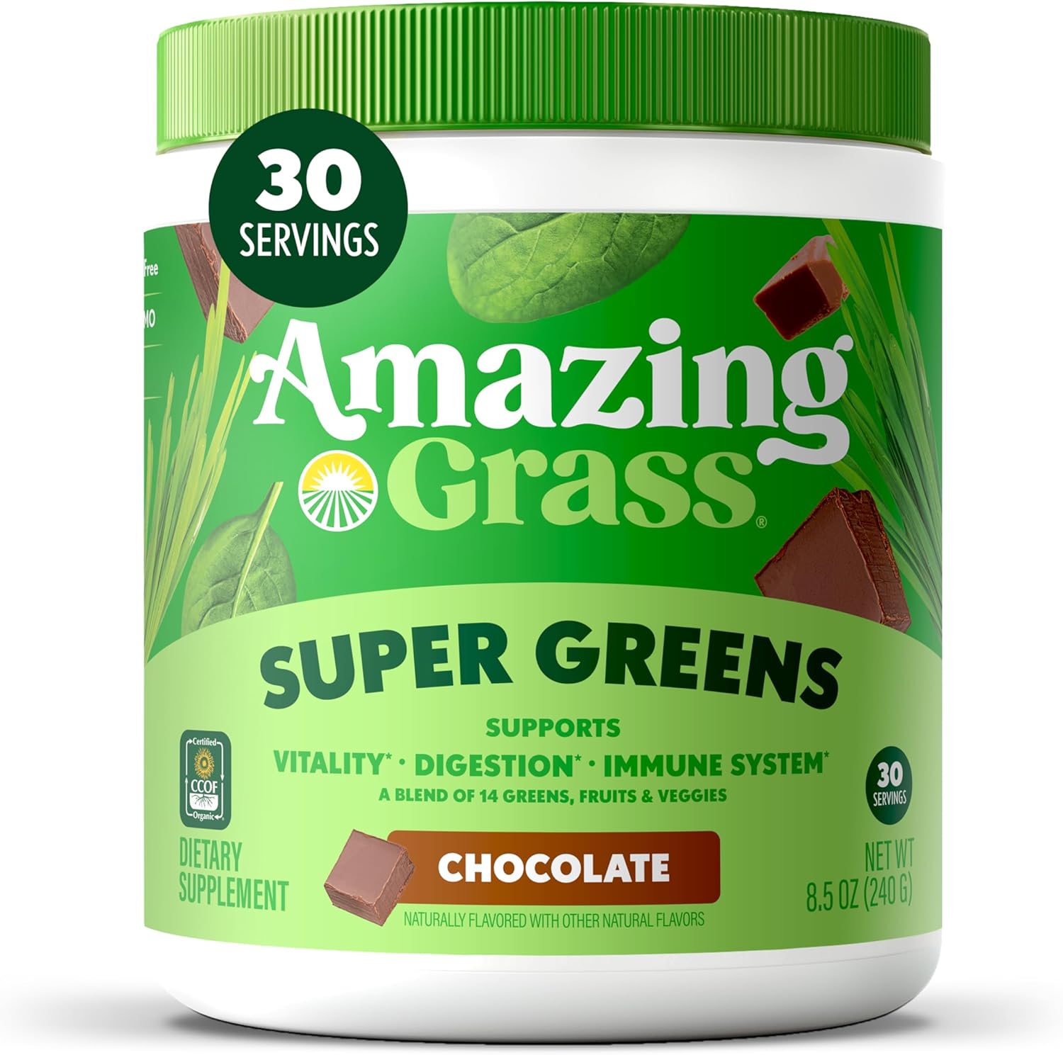 Amazing Grass Super Greens Powder, Organic, Greens Superfood Powder, Smoothie Supplements, Supports Digestion, Probiotics, Spirulina, Beet Root, Chocolate, 30 Servings, 8.5 Ounce (Packaging May Vary