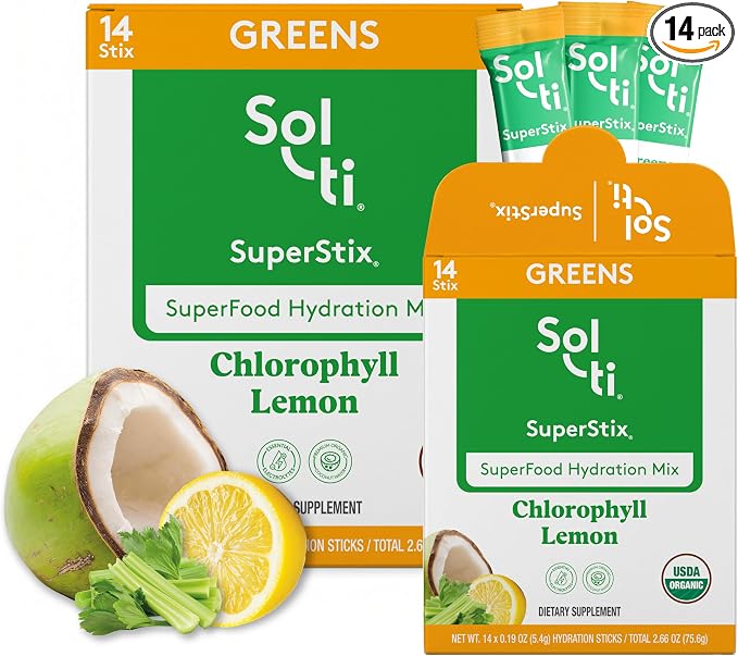 Sol-ti Organic Electrolyte Greens + Hydration Drink Mix, Superfood Hydration Sticks, SuperStix, Non-GMO, Vegan, Chlorophyll Lemon, 14 Sticks