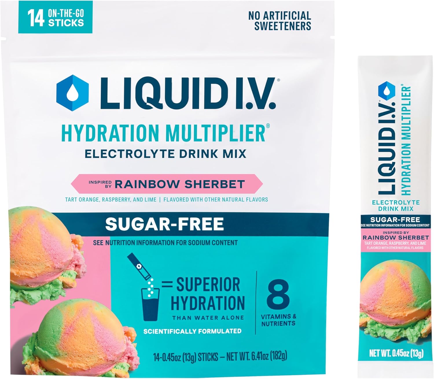 Liquid I.V. Sugar Free Hydration Multiplier Vegan Powder Electrolyte Supplements - Rainbow Sherber