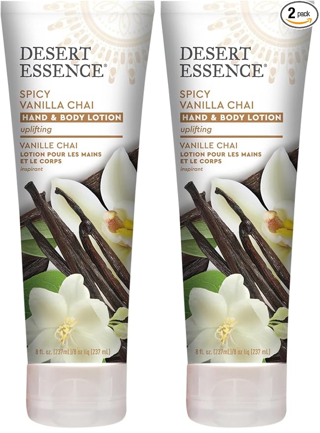 Desert Essence Spicy Vanilla Chai Hand & Body Lotion - 8 Fl Ounce - Uplifting - Smoothes & Softens Skin - No Greasy Residue - Aloe Vera - Shea Butter - Vitamin E (Pack of 1)