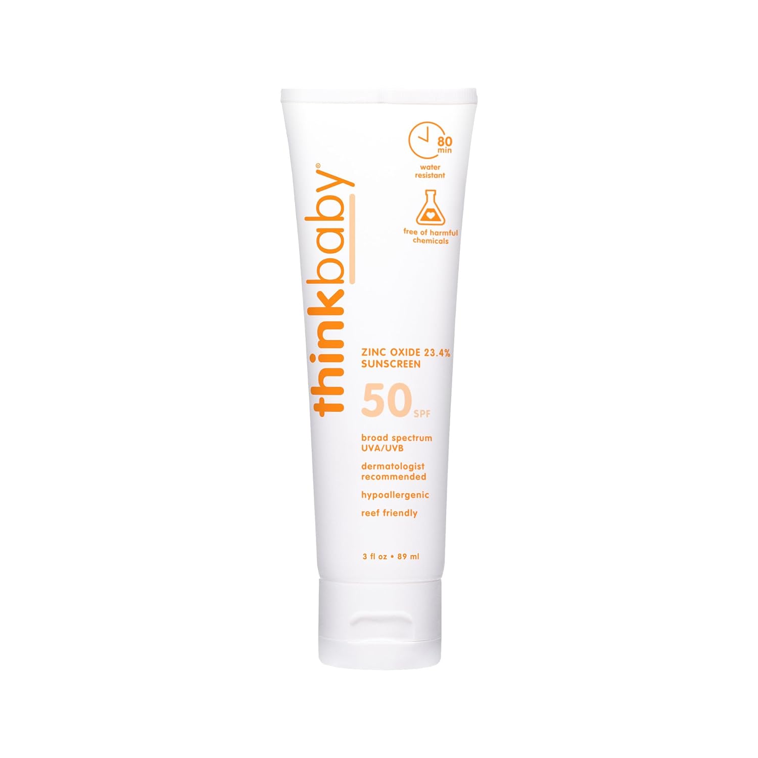 Thinkbaby SPF 50+ Baby Sunscreen, 3 Oz. – Safe, Natural Mineral Sun Cream for Babies - Water Resistant, Broad Spectrum UVA/UVB Sun Protection – Vegan Sunscreen for Kids